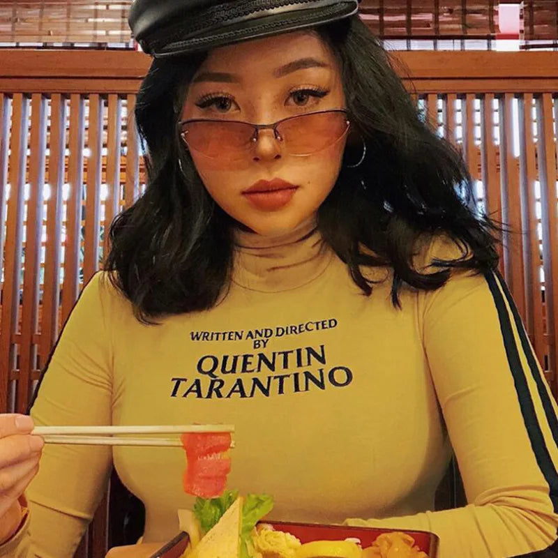 2024 Fashion Quentin Tarantino Sexy Fashion Crop Tops Women Side Stripe Long Sleeve Turtleneck Cotton Knitted Short tshirt Lady