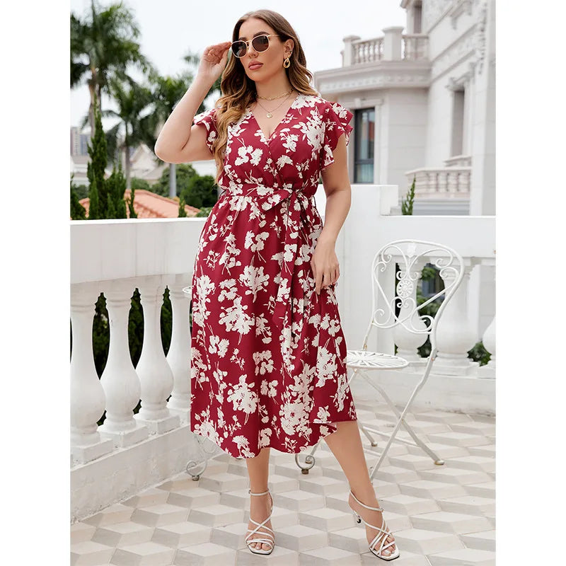 Plus Size Women's Loose Short Sleeve Dress Mid Calf Oversized Dress for Women V Neck Red Floral Butterfly Sleeve