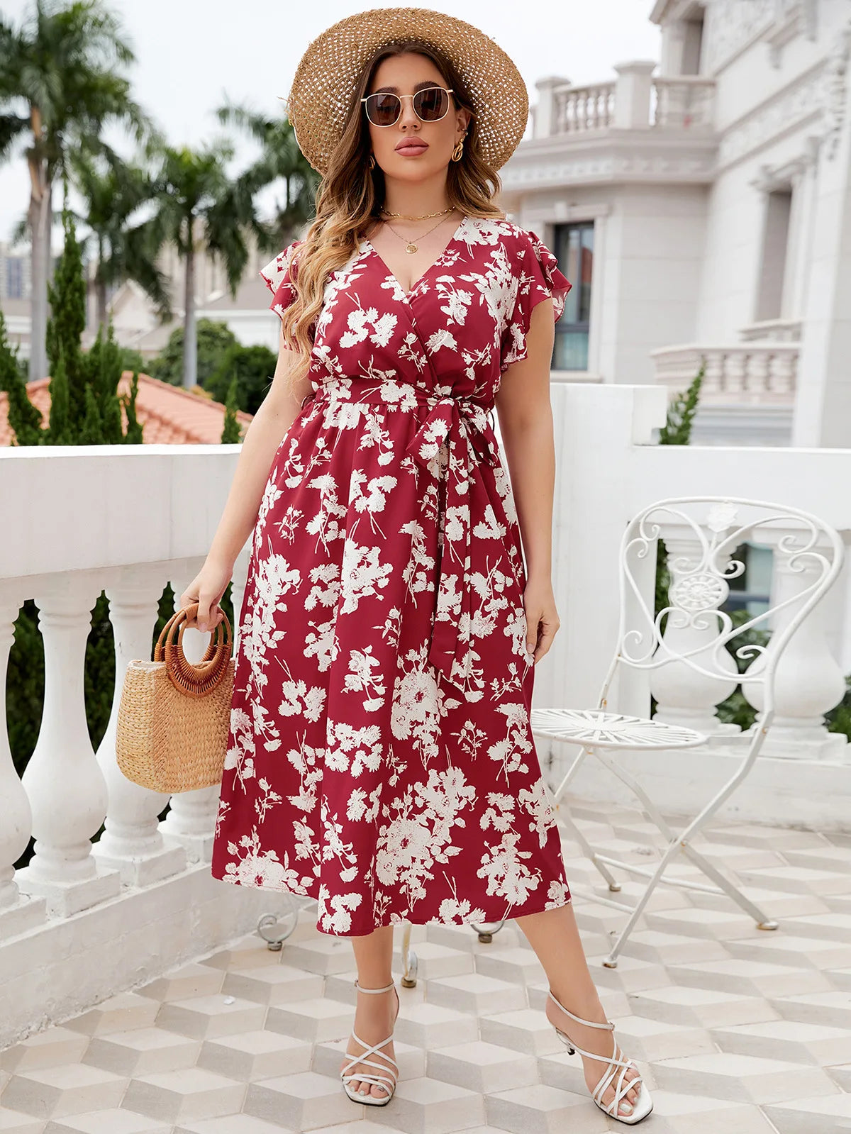 Plus Size Women's Loose Short Sleeve Dress Mid Calf Oversized Dress for Women V Neck Red Floral Butterfly Sleeve