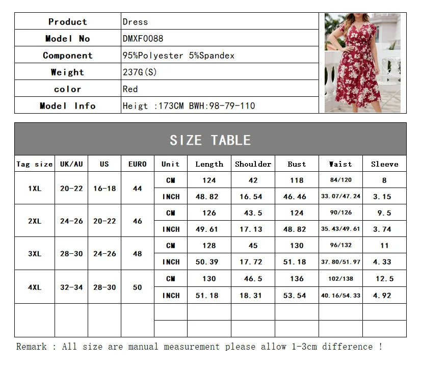 Plus Size Women's Loose Short Sleeve Dress Mid Calf Oversized Dress for Women V Neck Red Floral Butterfly Sleeve