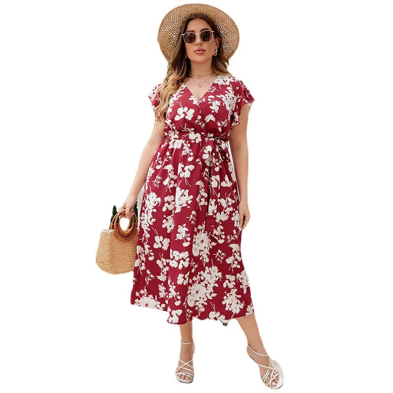 Plus Size Women's Loose Short Sleeve Dress Mid Calf Oversized Dress for Women V Neck Red Floral Butterfly Sleeve