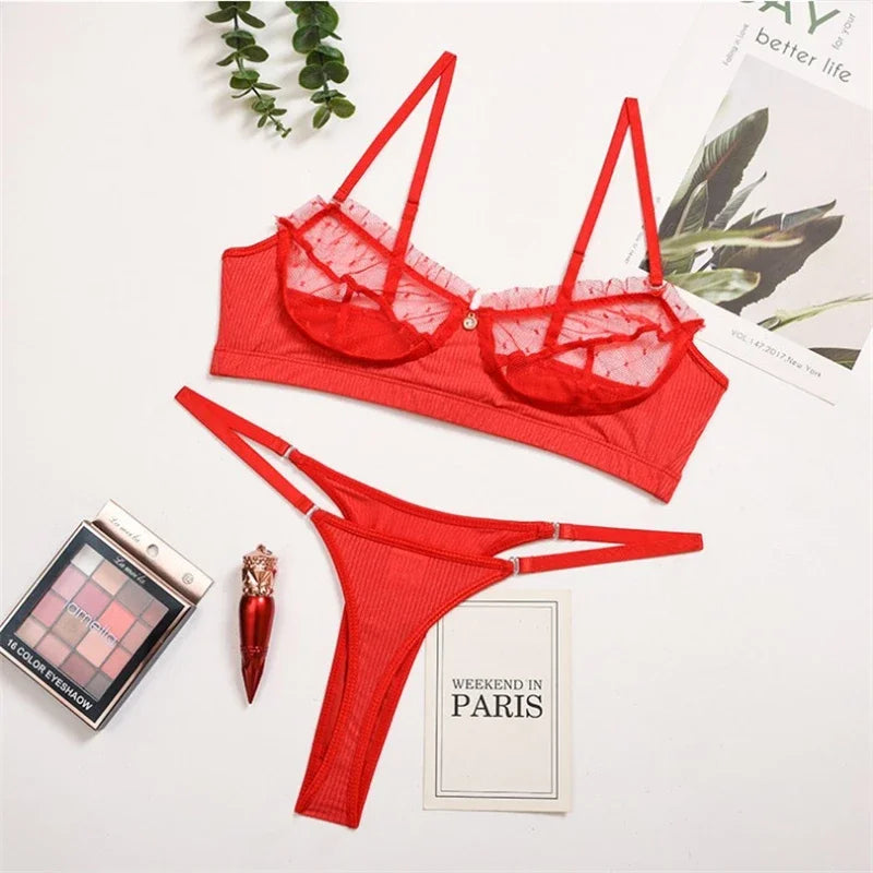 Ruffle Mesh Lace Lingerie 2 Piece Women Underwear Set Transparent Bras Panty Brief Sets White Sexy Lingerie Seamless Bra Set