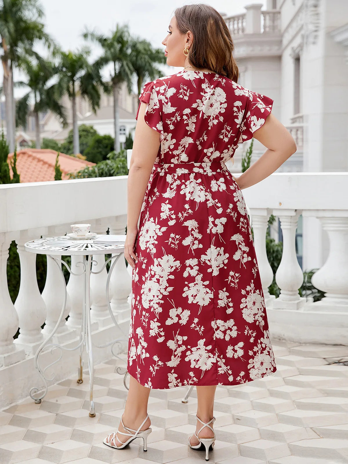 Plus Size Women's Loose Short Sleeve Dress Mid Calf Oversized Dress for Women V Neck Red Floral Butterfly Sleeve