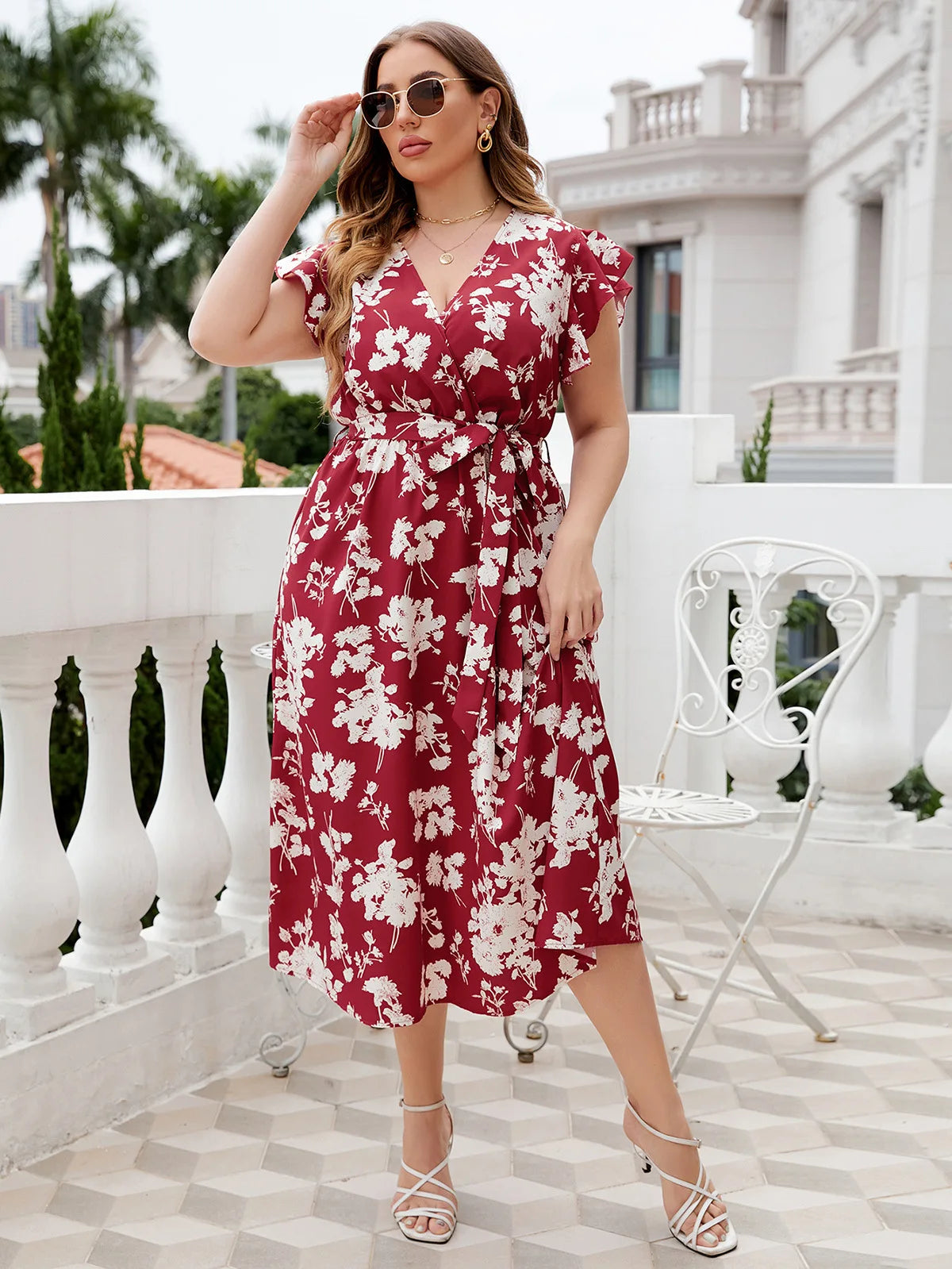 Plus Size Women's Loose Short Sleeve Dress Mid Calf Oversized Dress for Women V Neck Red Floral Butterfly Sleeve